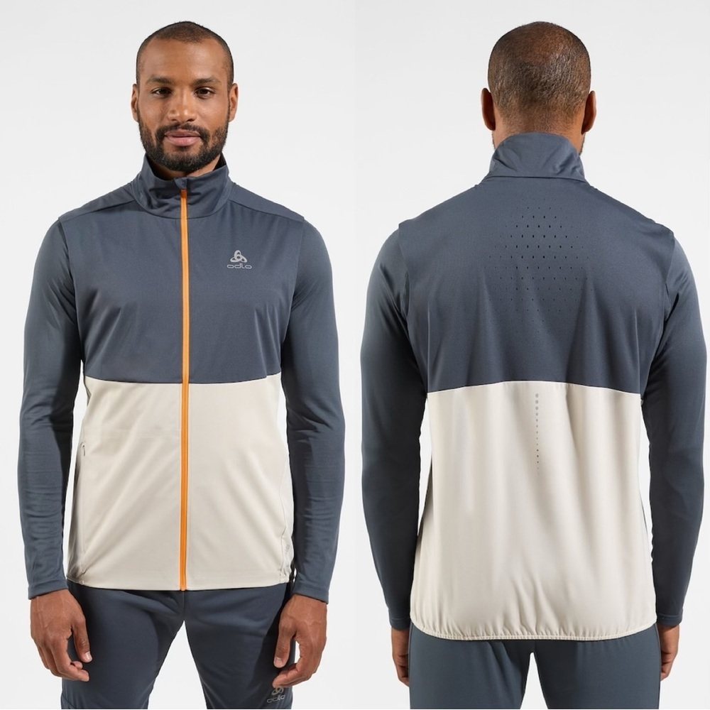Odlo Men’s Zeroweight Warm Vest Full Zip Silver Cloud Running in Gray Beige XXL